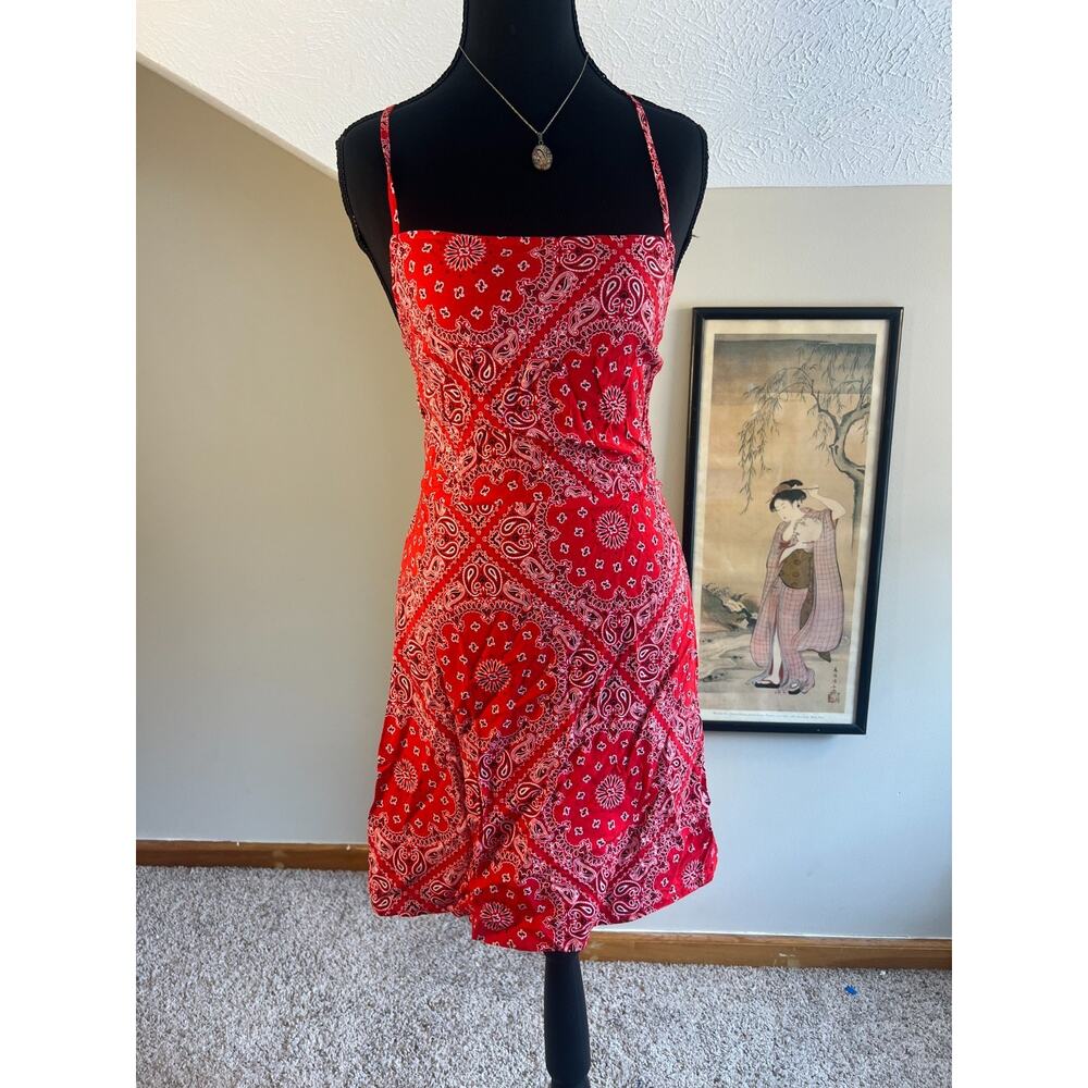 Forever 21 Red Bandana Mini Sundress Y2K 90s Lace Up Spaghetti Strap Medium